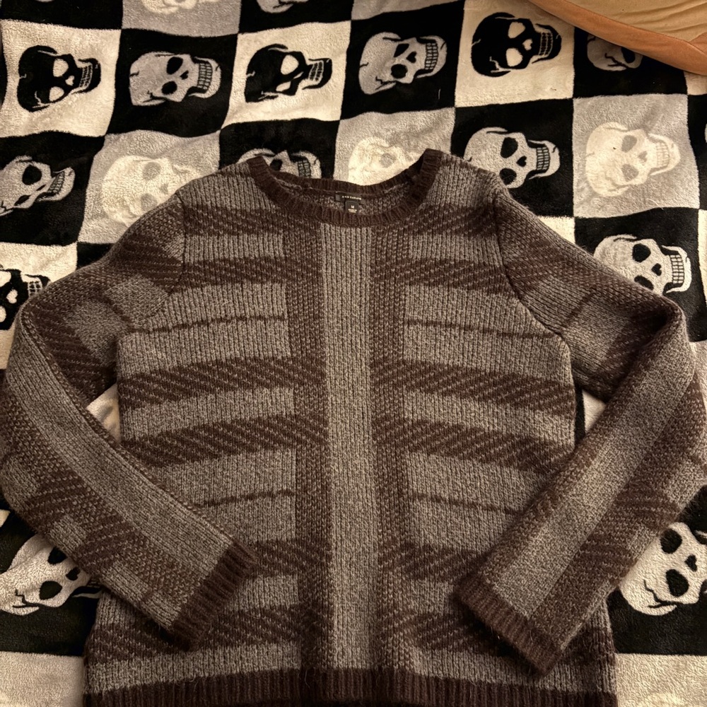 Ann Taylor Striped Brown and Gray Crewneck Sweater